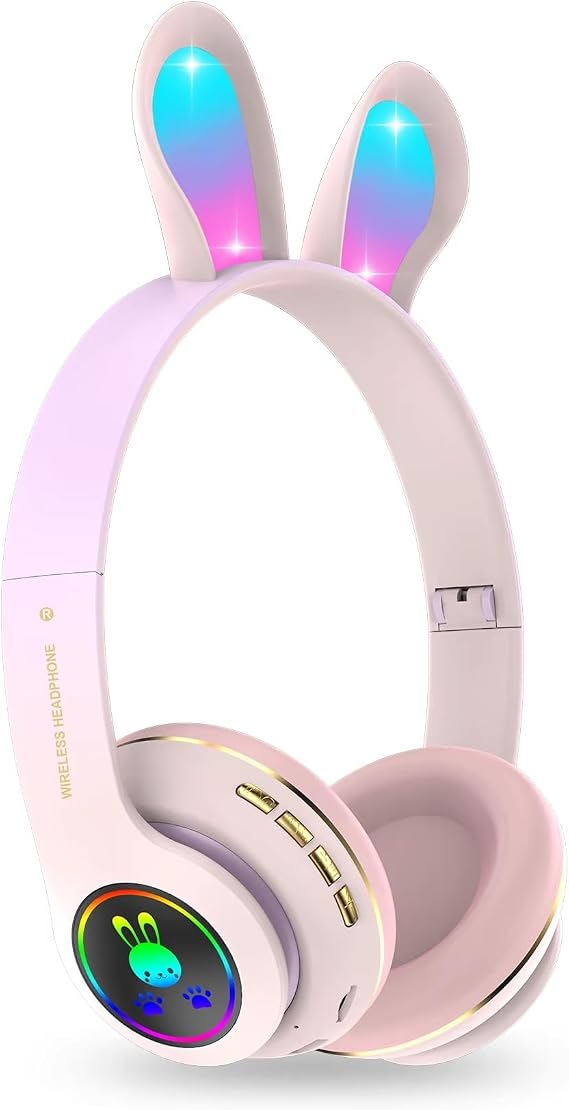 Tavşan Kulaklı Bluetooth Kulaklık, Renkli LED Işıklı, 5.0 Versiyon, Ayarlanabilir Büyüklük, Hafıza Kart Girişli, 40mm Kulaklık, 6 Saat Kullanım Süresi, BASS TİZ MÜTHİŞ SES (TOZ PEMBE)