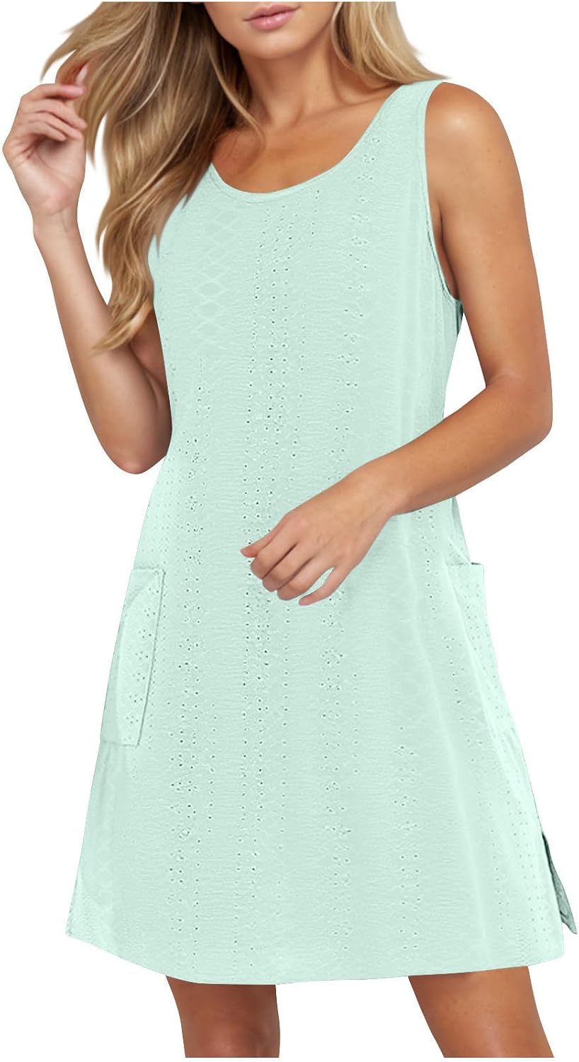 Bilqis Summer Dresses for Women 2025 Swimsuit Coverups Casual Loose Sundresses Sleeveless Eyelet Tank Dresses with Pockets