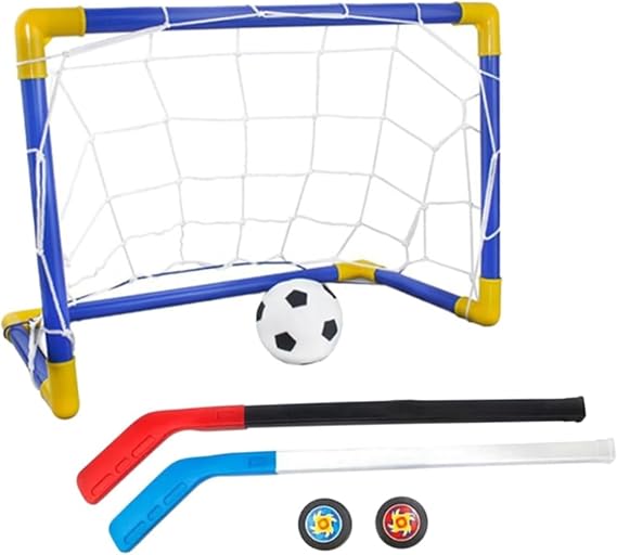 Mini Hockey Soccer Set, 2 in 1 with Goal Net Sticks Ball Pump for Kids Indoor Outdoor Games