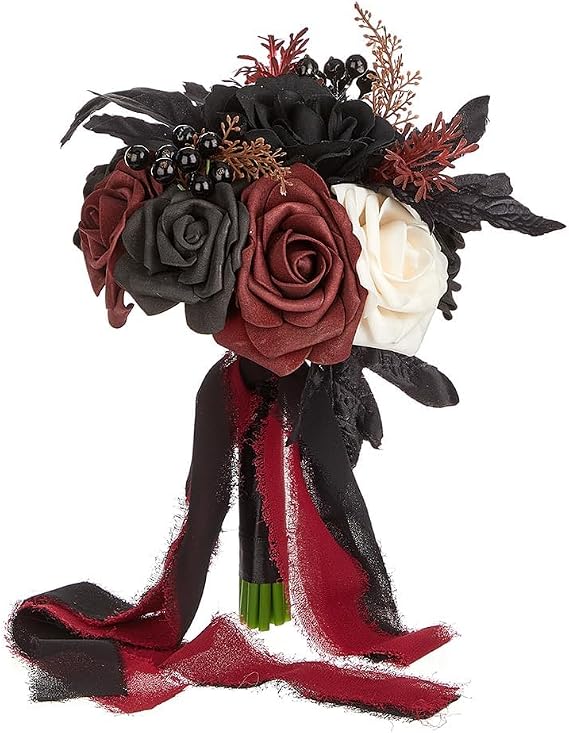 Halloween Bouquet - Gothic Wedding Bouquet with Black Roses & Burgundy Blooms, Artificial Bride Bouquet for Dark Romance (Type 1)