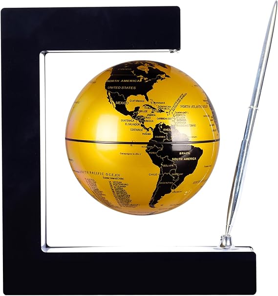 Personalized Magnetic Levitation Floating Globe with LED Light & Pen Lighting World Globe for Office Home Desk Gadget Decor Cool Stuff Birthday Gift for Men Kids Boss Boys (Gold)