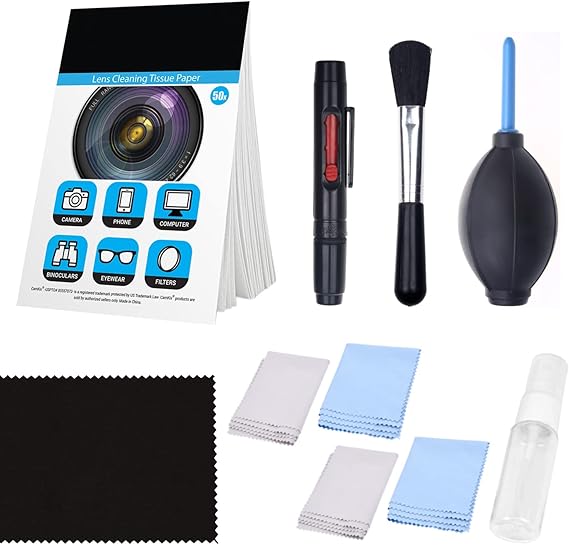 Camera Cleaning Kit for Optical Lens and Digital SLR Cameras including 1 Double Sided Lens Cleaning Pen / 1 Empty Reusable Spray Bottle / 1 Lens Brush / 1 Air Blower / 4 Microfibre Cleaning Cloths