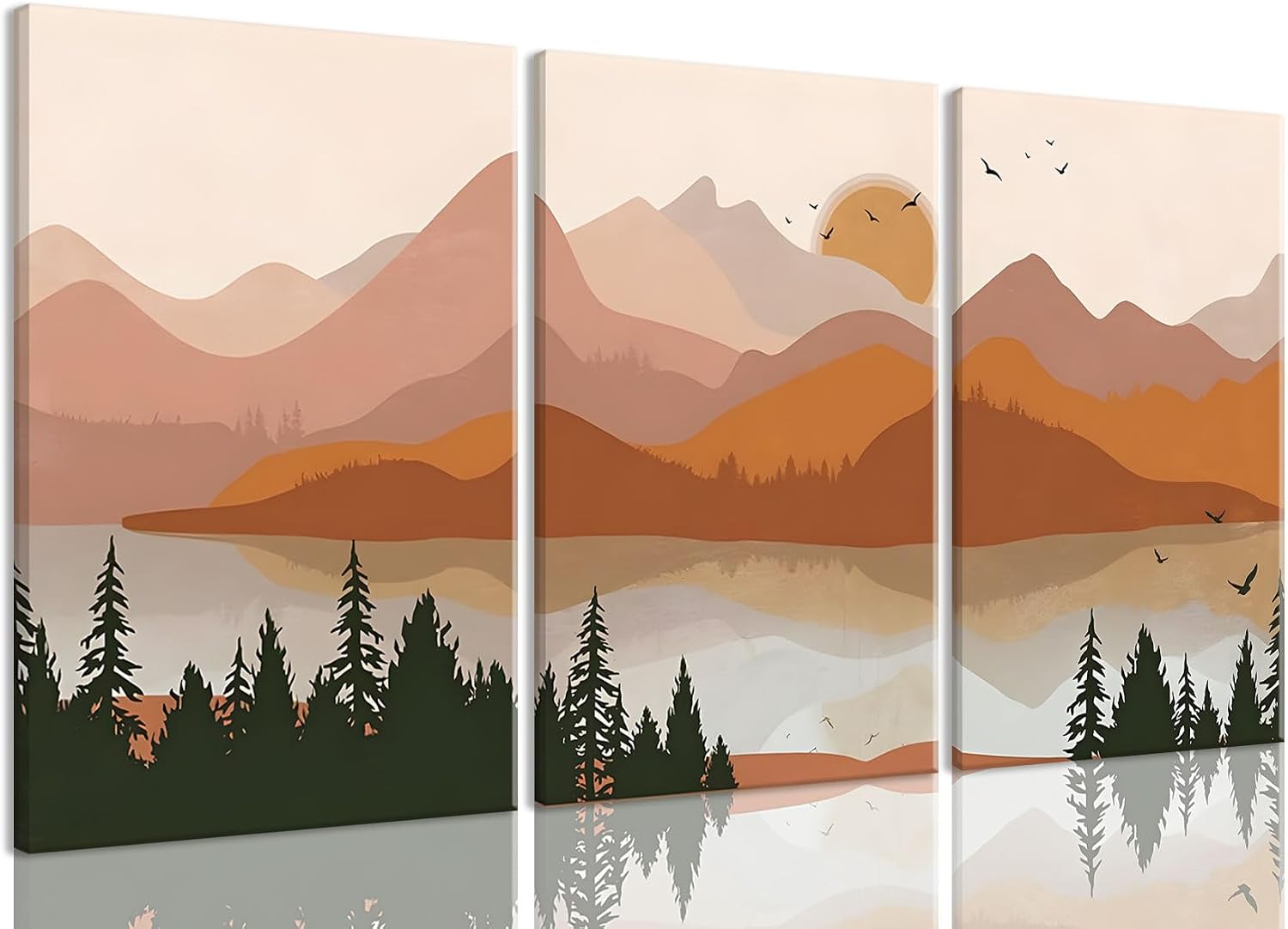 Bwodke Canvas Wall Art Boho Mountain Framed Wall Art Set of 3 Watercolor Nature Landscape Picture Decor Sun Forest Prints Artwork for Living Room Bedroom Office 12x16"