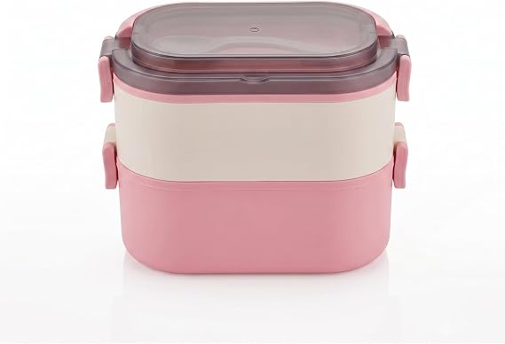 Promosyonca 2 Katlı Taşınabilir Yemek Kabı, Lunch Box, Diyet Beslenme Kutusu, Çatal Kaşık Dahil, 11.5 x 21 x 11.5 cm (Pembe-Krem)