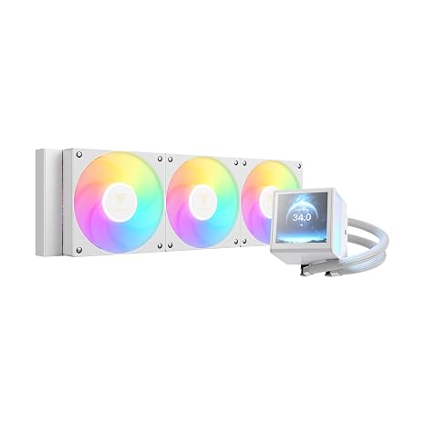 GAMDIAS CHIONE P5-360 Liquid CPU Cooler, 360mm AIO w/Customizable 3.4'' IPS LCD, Rotatable Magnetic Pump, Hidden Cable Fan (Daisy-Chained), Support PWM & ARGB MB Sync, Intel LGA 1851;AMD AM5, White