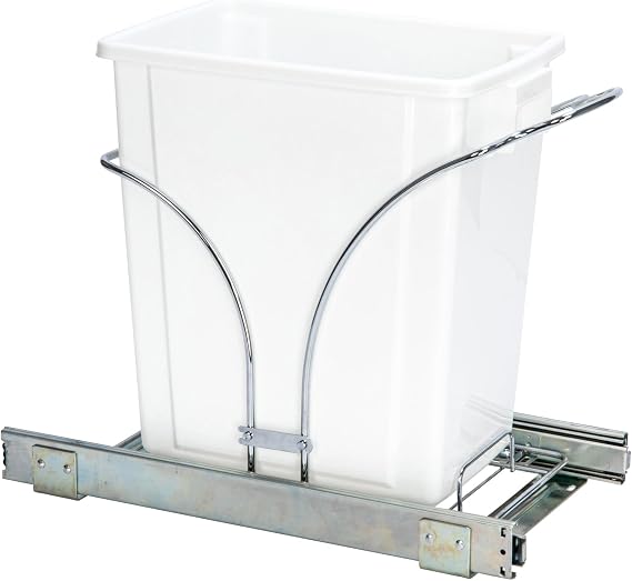Household Essentials Glidez Chrome-Plated Steel Pull-Out/Slide-Out Discreet Single 5 Gallon Plastic Trash Can for Under Cabinet Use - Fits Standard Size Cabinet, Chrome and White