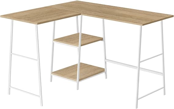 Monarch Specialties I 7597 Computer Desk, Home Office, Corner, Storage Shelves, 48" L, L Shape, Work, Laptop, Metal, Laminate, Natural, White, Contemporary