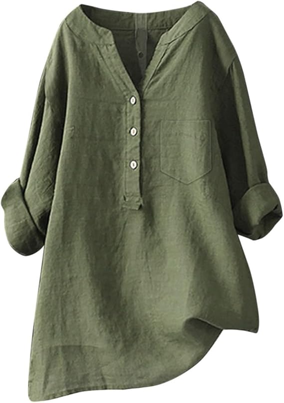 Womens 3/4 Sleeve Shirts,Deals of The Day,Summer Linen Shirts for Women 2024 Casual Trendy V Neck Dressy Blouses 3/4 Length Sleeve Solid Color Button Tunic Tops,Ag,5X-Large