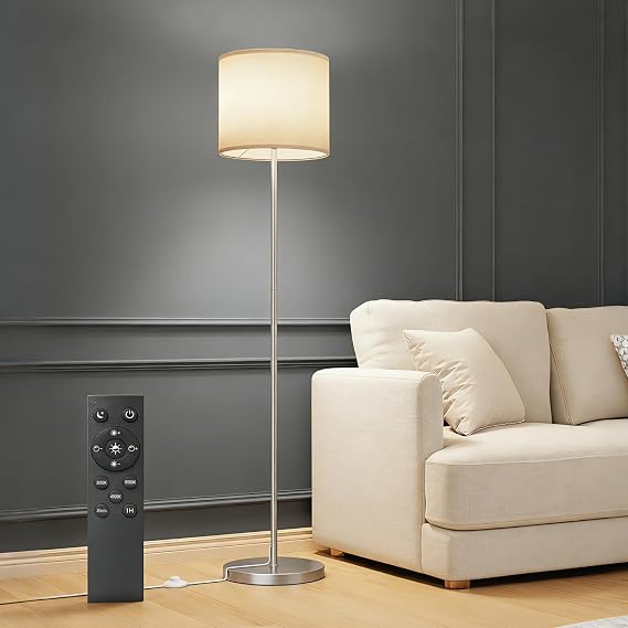 Keepsmile Dimmable Floor Lamps for LivingRoom with 12W LED Bulb, Foot Switch, Remote Custom Color Temperature Floor Light, Linen Shade Standing Lamps, Modern Tall Lamp for Office Bedroom-Silver
