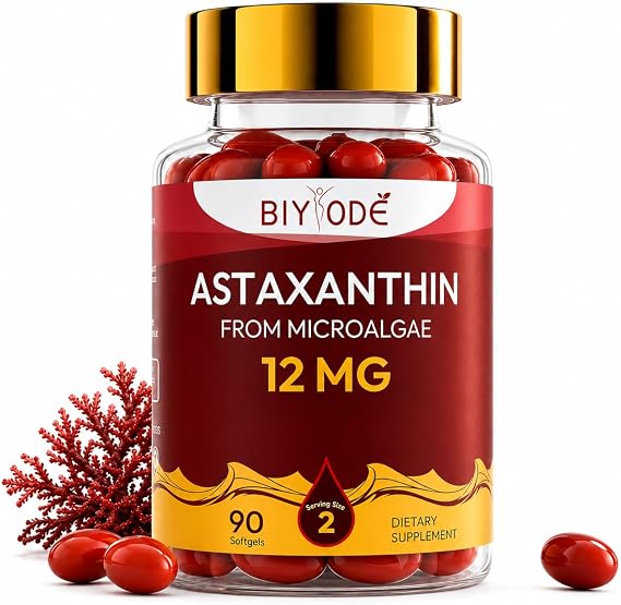 Astaxanthin 12mg Softgels (90 Count) Natural Antioxidant Supplement from Haematococcus Pluvialis Microalgae Supports Skin Health, Heart Function & Immune System