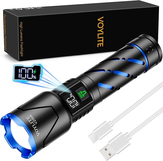 Rechargeable Flashlights High Lumens - 100000 LM Super Bright | 5000mAh Rechargeable Battery & LCD Display, 3 Modes, Zoomable & IP67 Waterproof for Camping, Dog Walking, Emergencies