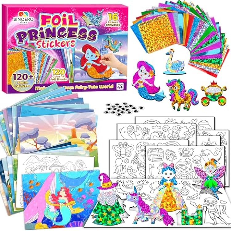 sinceroduct Foil Art Kit for Kids, Princess Fun-Foil Art Craft Supplies for Kids Ages 4-8,Mess Free Coloring, Foils Foam Sticker,Children DIY Creative Activity Travel Toy,Birthday Gift Boy & Girl.