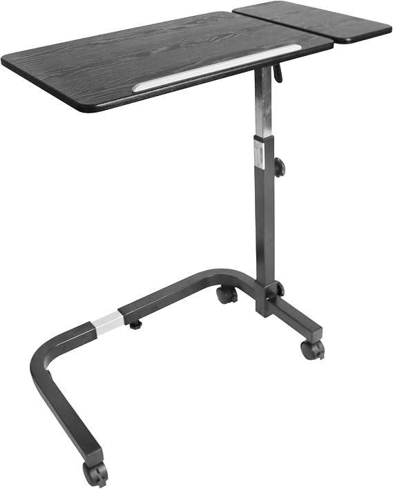 KMINA Overbed Table with Wheels, Tilting Hospital Bed Table, Black
