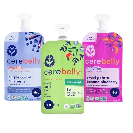 Cerebelly Organic Baby Food Pouches, Smoothie Purees for Toddlers, No Added Sugar, Fiber, Non-GMO, 4 Ounce BPA-Free, 3 Flavors, 18 Count
