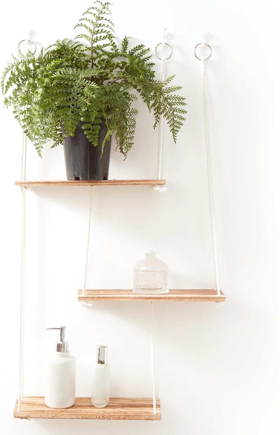 3 Tier Hanging Floating Shelves Wooden Wall Mounted Storage Shelf with String Rope Boho Wall Decor Rustic Display Shelving for Hanging Plants Photos for Kitchen Bathroom Bedroom Nursery