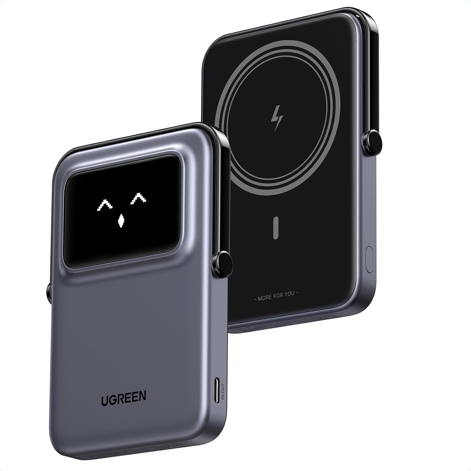 UGREEN Uno Mobile Battery 5000mAh 7.5W Qi Magnetic Wireless Charging Compatible Lightweight Compact Folding Stand with TFT Screen and Expression Display USB-C PD 20W Fast Charging Compatible Compact