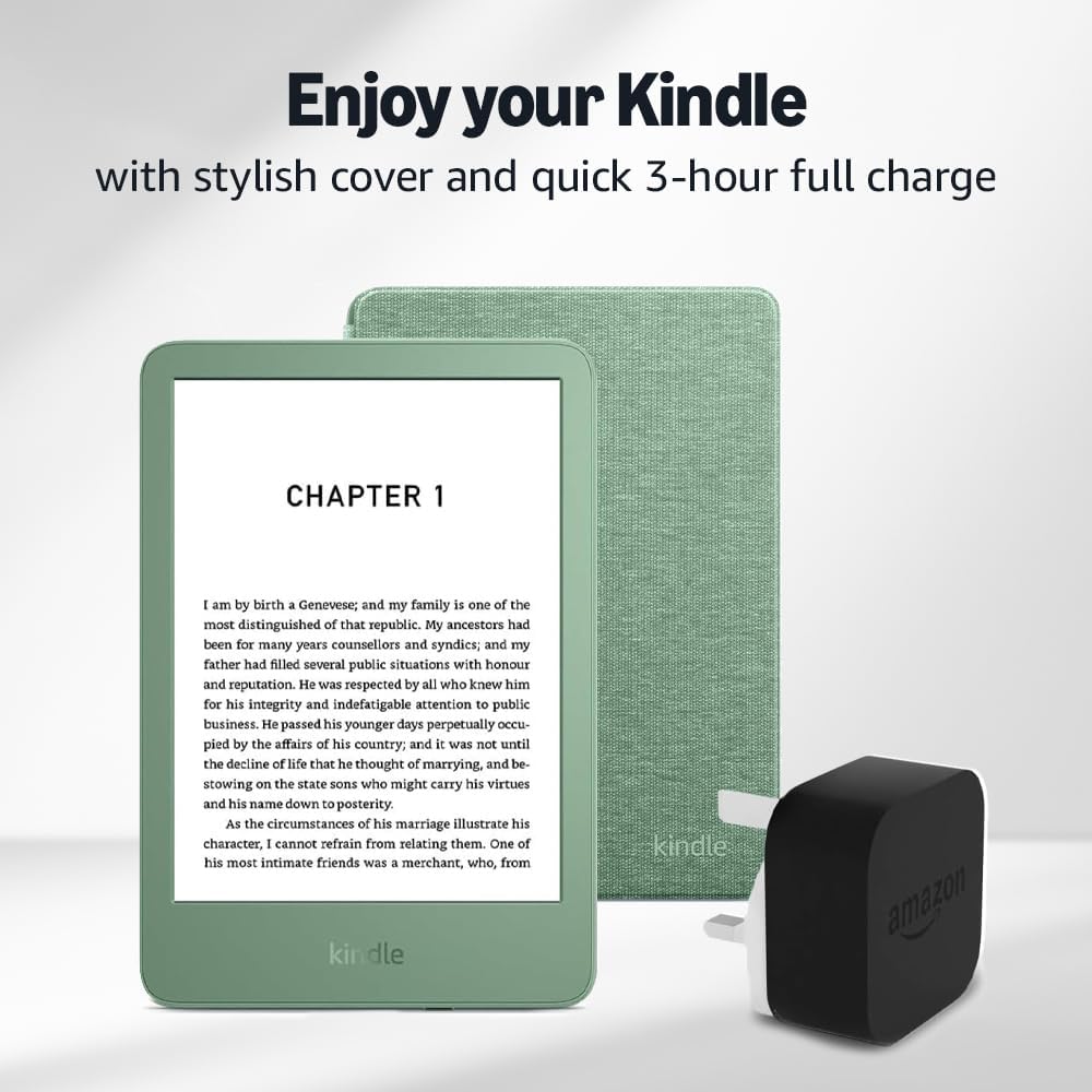 Kindle (2024 Release) 16 GB without ads, an Amazon Fabric Cover and an Amazon Powerfast 9W Power Adapter