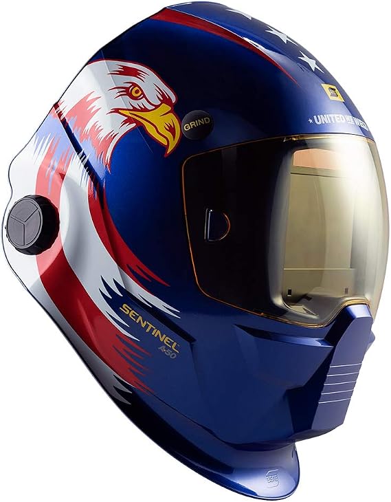 ESAB 0700000830 Special Edition United We Weld SENTINEL A50 Welding Helmet, Red, White and Blue, 3.93 x 2.36 in. (100 x 60 mm) viewing area.