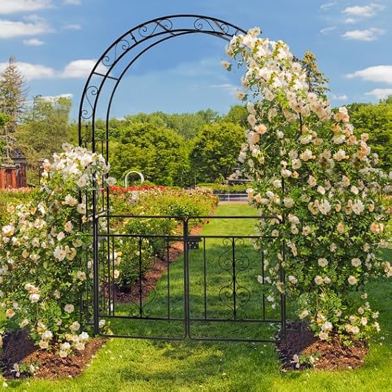 7FT Steel Garden Arch with Gate, Garden Arbor for Various Climbing Plant, Metal Archway Trellis Pergola for Outdoor Lawn Backyard Easy-to-Assemble Stereoscopic Decorations