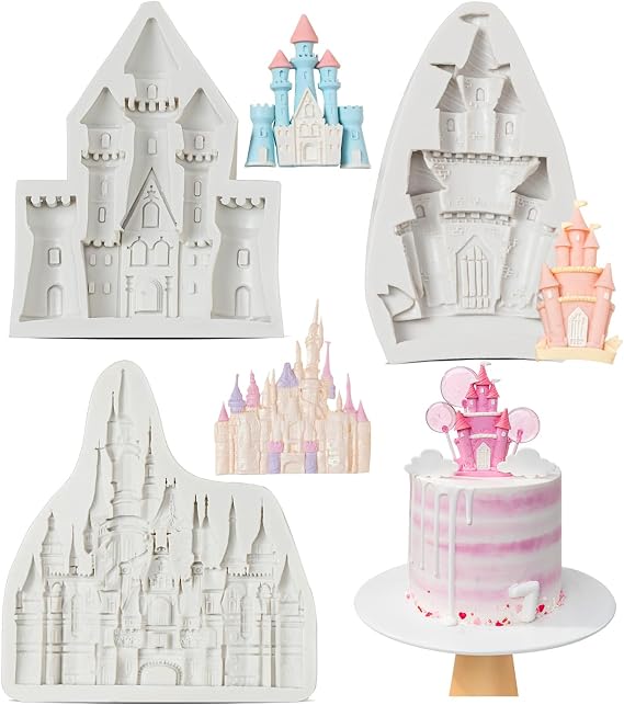 KALAIEN Castle Silicone Mold,3Pcs/Set Castle Cake Fondant Molds,Princess Chocolate Molds Silicone Mirror Mould for Cake Decorating