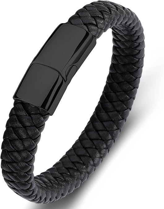 Leather Bracelet for Men Braided Cuff Wristband Stainless Steel Clasp in Silver and Gold Jewellery Gift