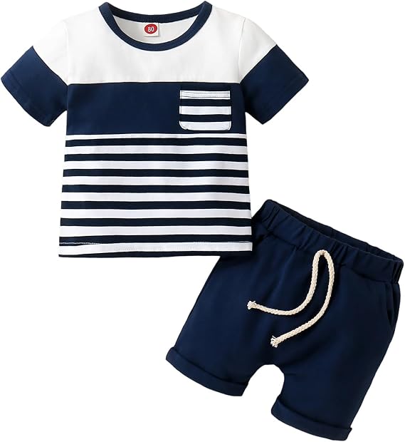 Baby Boy Summer Outfit Henley Shirt Stripe Short Sleeve Pocket T-Shirt Tops + Shorts Infant Clothing Set