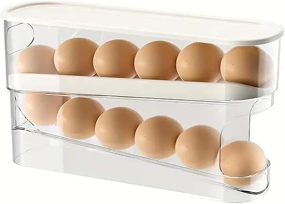 2 Tier Egg Holder for Fridge - Automatic Rolling Egg Container and Egg Storage Boxes with Dispenser Function