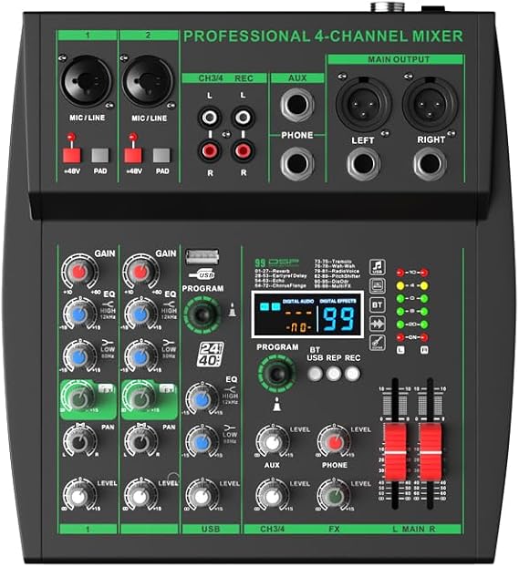 MW-4 Professional 4-Channel Portable Sound Console Bluetooth 5.0 USB Sound Card 99 Audio Sounds Live Karaok DJ Recording (with Phantom Power)