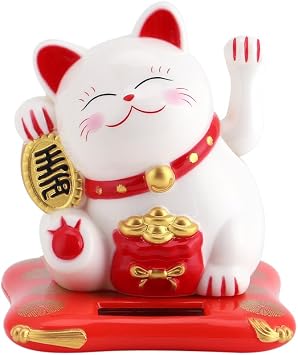 Lucky Cat, Solar Powered Maneki Neko, Good Luck Wealth Welcoming Waving Arm Cat for Car Home Office Decor (3in Tall)(White)