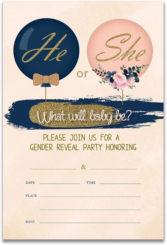 YIDOU Pink Navy Balloons Gender Reveal Party Invitations He or She Baby Gender Reveal Fill in Invites Cards 20 Invitations and Envelopes (Double Sided)
