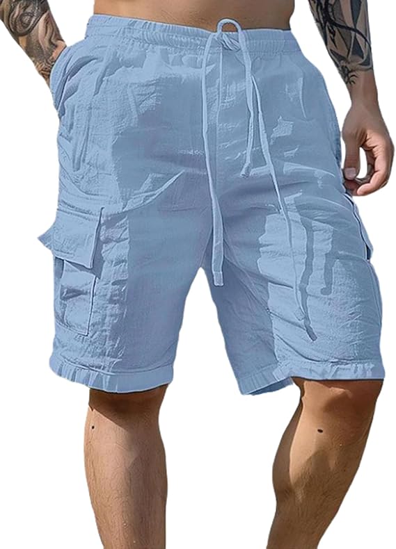 PADOLA Men's Linen Shorts Summer Work Trousers Short Elastic Waist Cargo Shorts with 4 Pockets Drawstring Linen Trousers Bermuda Cargo Trousers Leisure Plain Baggy Shorts