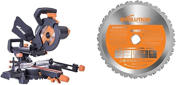 Evolution Power Tools R210SMS+ Multi-Material Sliding Mitre Saw with Plus Pack, 230 V, 210 mm and RAGE Multi-Purpose Carbide-Tipped Blade, 210 mm