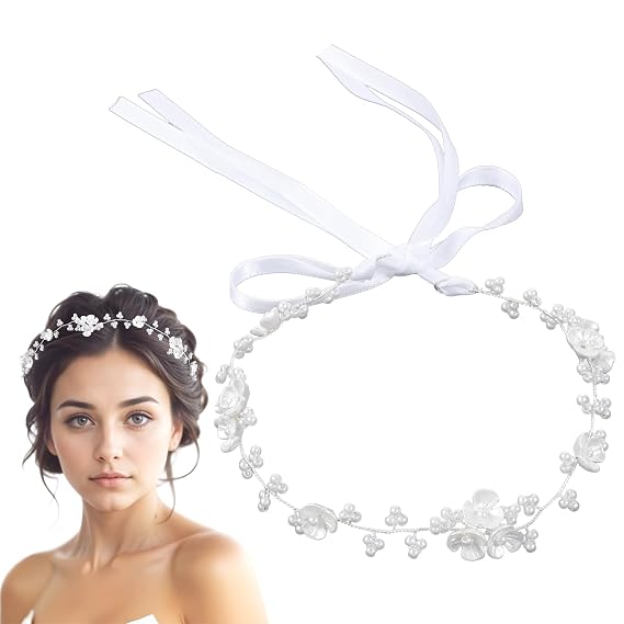 Thinp Hair Accessories 1 Piece Bridal Pearl Flower Headpiece Headband Flower Pearl Headpiece Woman Hair Accessory for Birthday Party First Communion Wedding (White)