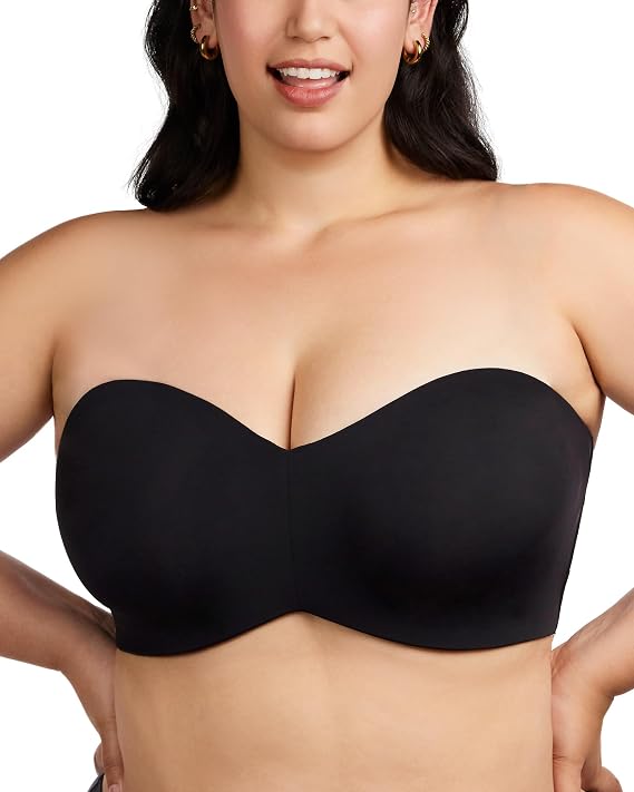 HSIA Strapless Bras for Women, Plus Size Bra with Underwire Lightly Lined Convertible Bandeau Bra for Big Large Busted Black