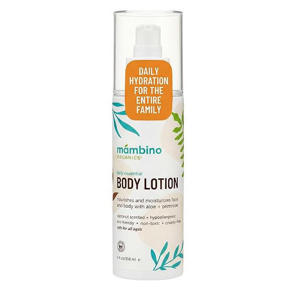 Mambino Organics Daily Essential Face & Body Lotion, Hydrating Body Lotion with Coconut, Aloe & Tamanu Oil, Lightweight Moisturizer for Dry Skin, Vegan, Cruelty-Free Skin Care, 5 fl oz