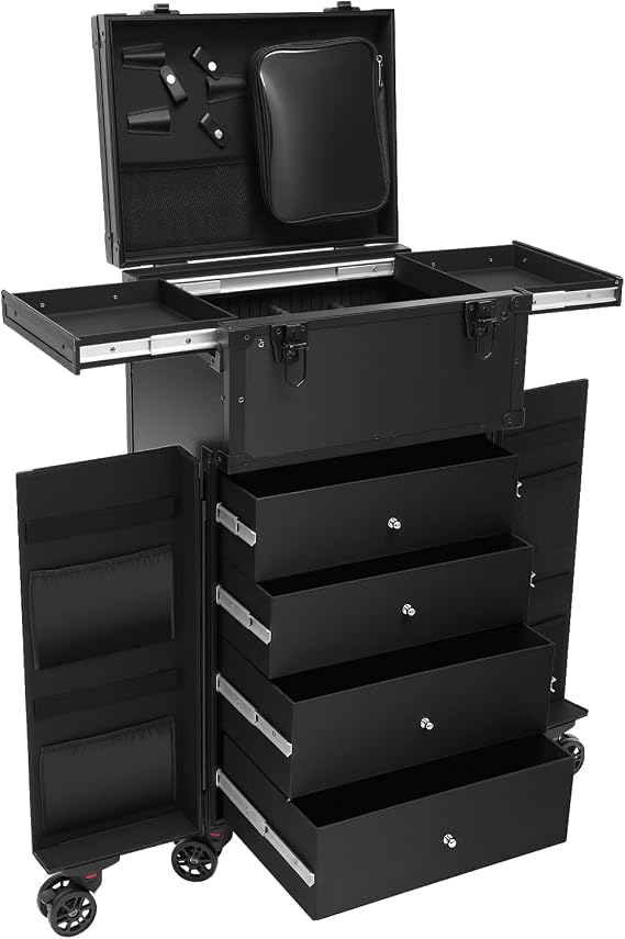 Professional Rolling Makeup Case 4 Drawers Pro Makeup Artist Cosmetic Train Case Hairstylist Travel Case Portable Make Up Station with Multiple Compartments & 6 Swivel Wheels - Black