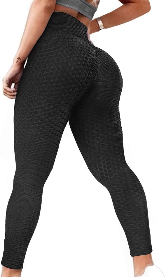 Womens Tiktok Butt Lifting Workout Leggings High Waisted Booty Leggings Textured Tummy Control Yoga Pants B-Black
