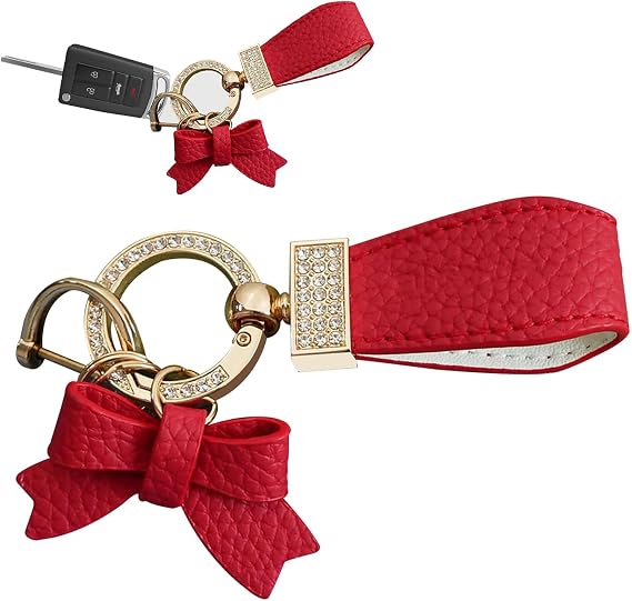 Leather Bowknot Keychain, Bling Rhinestone Car Keyring, Cute Keychain for Wallet Backpack Bag Charm