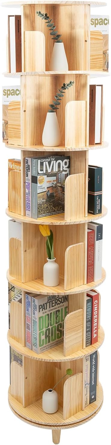 360° Rotating Bookshelf 6-Tier Removable Bookcase Wooden Spinning Bookshelf Multi-Functional Plants Storage Display Holder Stand