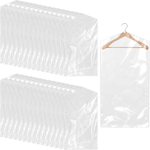 30Pcs Plastic Clothes Covers Protector Bags, 35.4x 23.6inch Dry Cleaning Bags,Clear Clothes Bags Hanging,Dust-proof Clothes Covers for Skirt Coat Suit Jacket (30Pcs,Clean)