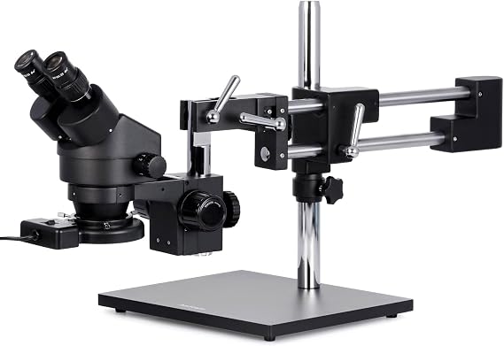 AmScope SM-4BZ-FRL-B 3.5-90x Stereo Industrial Inspection Boom Microscope | 3.5X-90X Magnification Range 76mm Stereo Microscope Holder Ring 360 Multi-Axis Head Rotation Powder-Coat Black Finish