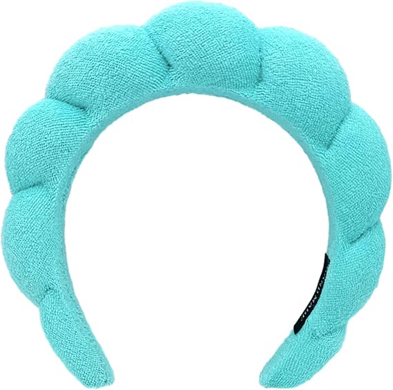 Puffy Makeup Headband Spa Headbands for Women Sponge & Terry Towel Cloth Fabric Cute Skincare Headband for Face Washing, Makeup Removal, Shower, Facial Mask (Blue-green)