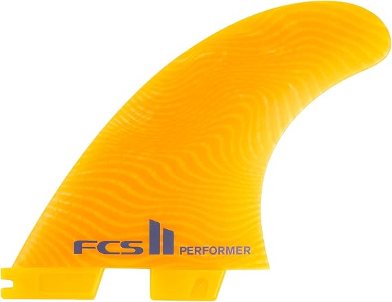 FCS II Performer Neo Glass Eco Tri Fins - Mango Colorway -Thruster Surfboard Fin Set for All-Round Performance