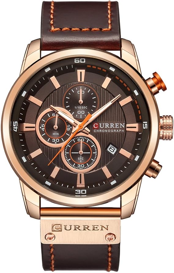 CURREN Mens Water Resistant Sport Chronograph Watches Military Multifunction Leather Quartz Wrist Watches (gold brown)
