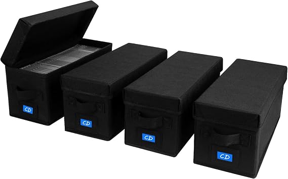 CD Case Holder with Handles and Lid CD Storage Box with External Label Slots, Easy-to-Move Organizer Case for Efficient Media Storage,4Pack-Black