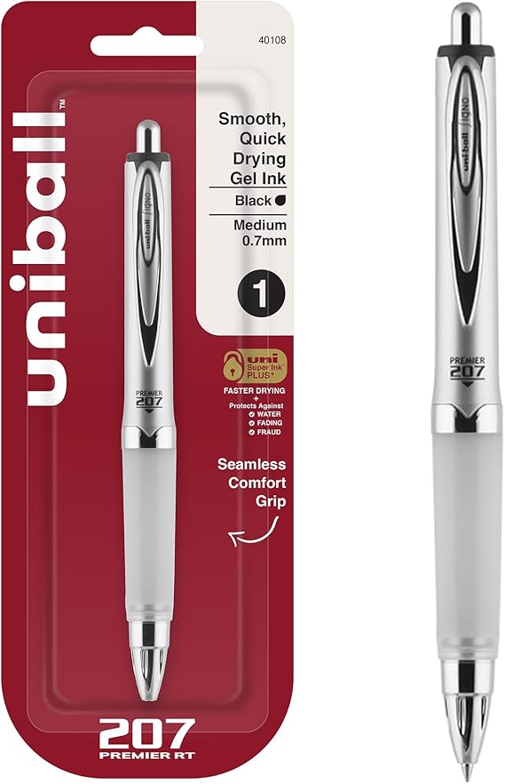 uniballTM 207 Premier Gel Pen, Medium Point (1.0mm), Black, 1 Pack | Ultra-soft cushioned grip, nano fiber ink, uni Super Ink Plus+ resists document fraud, water & fade-resistant