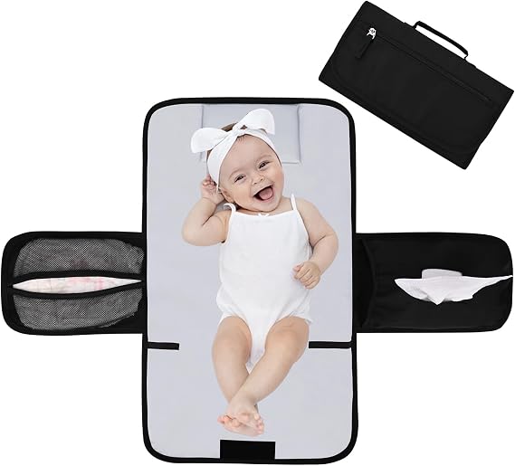 Bebamour Portable Nappy Changing Mats with Wipes Pocket Travel Baby Changing Pads with Head Cushion for Infants Waterproof Diaper Changing Pads Newborn Essentials, Upgraded Black