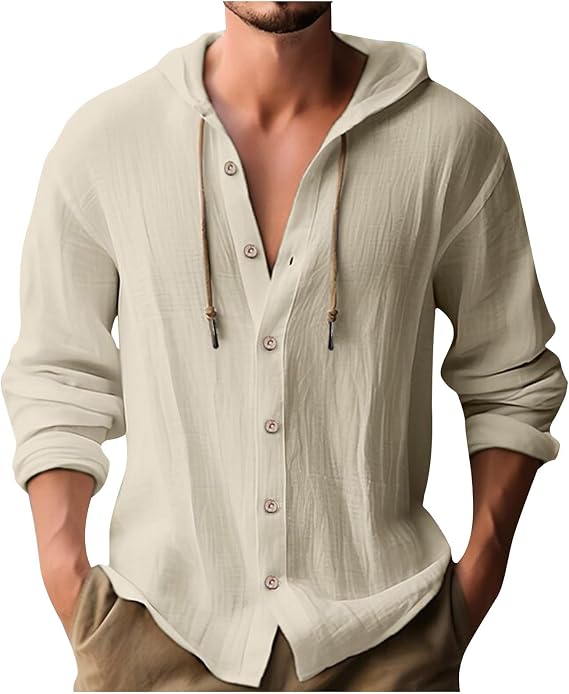 Men's Cotton Linen Shirts Long Sleeve Button Down Sweatshirts Summer Lightweight Casual Beach Shirts Fashion Hoodies