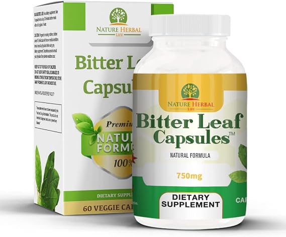 Bitter Leaf Capsules. 750 mg. 60 Count, Natural Herbal Supplement, Green, Pack of 1