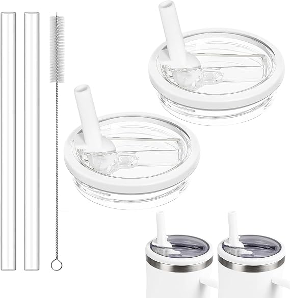 Replacement Flip Straw Lid Compatible with Stanley Quencher 30 oz Tumbler, Leakproof Cup Cover Accessories with Built-in Straw, BPA-Free Plastic Lid for Outdoor Sports, 2 Pack, White